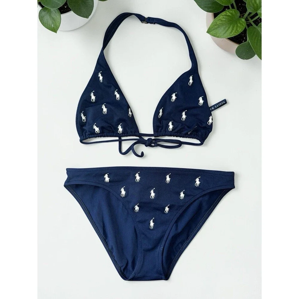 Vintage Polo Ralph Lauren Bikini Medium Navy Blue Embroidered White Pony 90s
